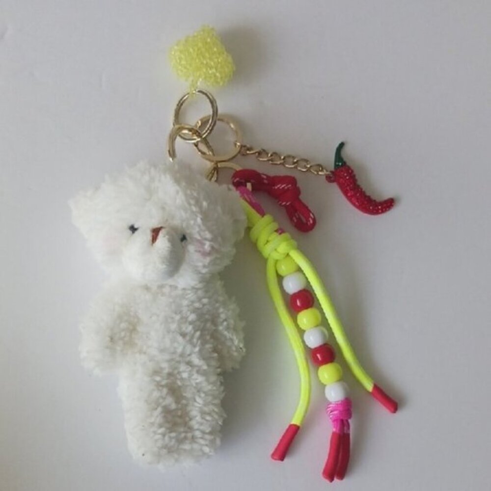Madden Girl Plush White Teddy Bear Keychain W Beads Charms Heart and Pepper